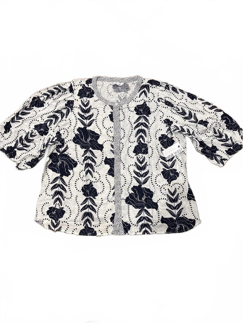 Nine West Women's 1X Floral Rayon Linen Button-Up Blouse